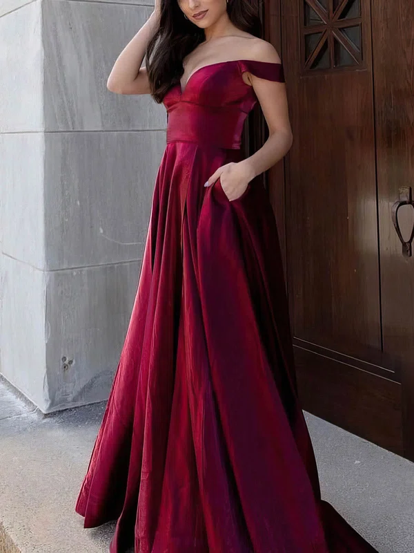 A-line Off-the-shoulder Satin Sweep Train Prom Dresses With Pockets #Favs020115966
