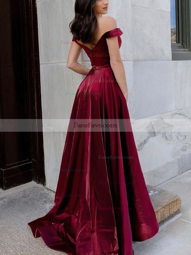 A-line Off-the-shoulder Satin Sweep Train Prom Dresses With Pockets #Favs020115966