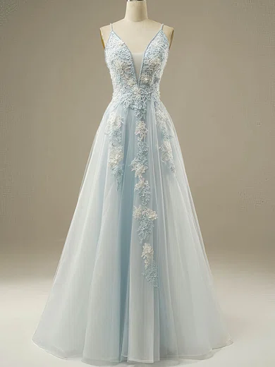 A-line V-neck Tulle Sweep Train Prom Dresses With Pearl Detailing #Favs020115970