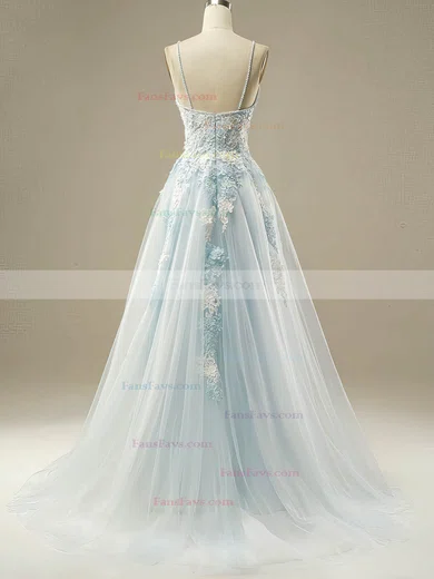 A-line V-neck Tulle Sweep Train Prom Dresses With Pearl Detailing #Favs020115970