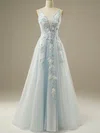 A-line V-neck Tulle Sweep Train Prom Dresses With Pearl Detailing #Favs020115970