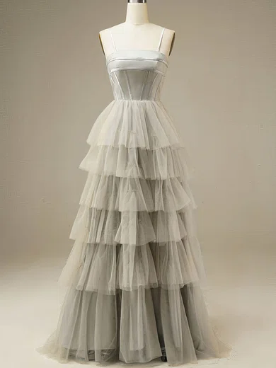 A-line Square Neckline Tulle Sweep Train Prom Dresses With Tiered #Favs020115971