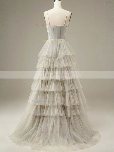 A-line Square Neckline Tulle Sweep Train Prom Dresses With Tiered #Favs020115971