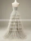 A-line Square Neckline Tulle Sweep Train Prom Dresses With Tiered #Favs020115971