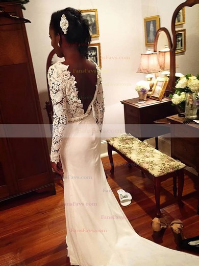 Sheath/Column Scoop Neck Lace Chiffon Sweep Train Beading Prom Dresses #Favs020105607