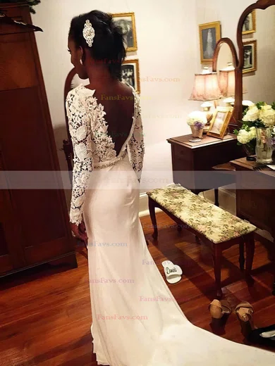 Sheath/Column Scoop Neck Lace Chiffon Sweep Train Beading Prom Dresses #Favs020105607