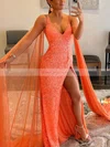 Sheath/Column V-neck Sequined Sweep Train Prom Dresses With Split Front #Favs020115979