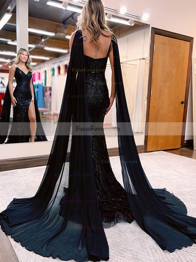 Sheath/Column V-neck Sequined Sweep Train Prom Dresses With Beading #Favs020115984