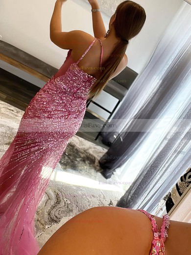 Sheath/Column One Shoulder Tulle Sequined Sweep Train Prom Dresses With Split Front #Favs020115985