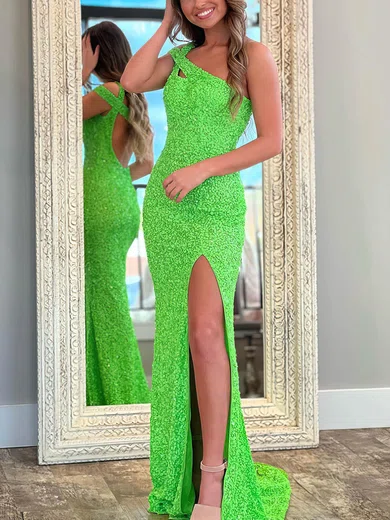 Sheath/Column One Shoulder Sequined Sweep Train Prom Dresses With Split Front #Favs020115986