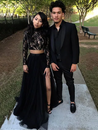 A-line High Neck Lace Tulle Sweep Train Beading Prom Dresses #Favs020105613 A-line High Neck Lace Tulle Sweep Train Beading Prom Dresses #Favs020105613