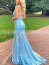 Trumpet/Mermaid One Shoulder Sequined Sweep Train Prom Dresses With Appliques Lace #Favs020115990