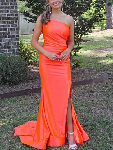 Sheath/Column One Shoulder Silk-like Satin Sweep Train Prom Dresses With Ruffles #Favs020115992