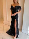 Sheath/Column Off-the-shoulder Sequined Sweep Train Prom Dresses With Feathers / Fur #Favs020115996