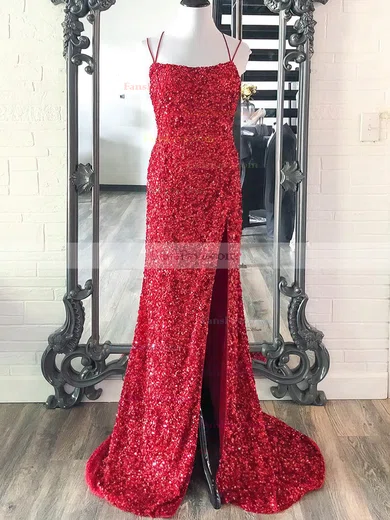 Sheath/Column Scoop Neck Sequined Sweep Train Prom Dresses With Split Front #Favs020115997