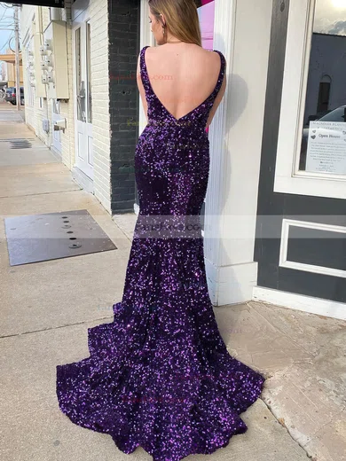 Trumpet/Mermaid V-neck Sequined Sweep Train Prom Dresses #Favs020115998