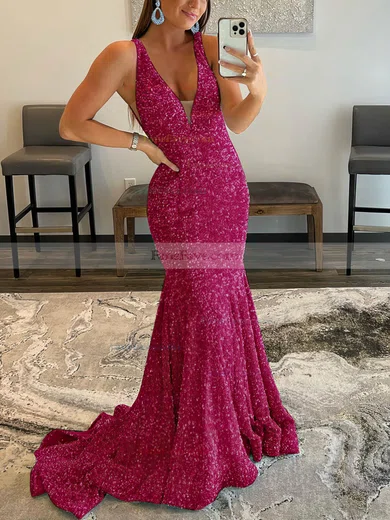Trumpet/Mermaid V-neck Sequined Sweep Train Prom Dresses #Favs020115998