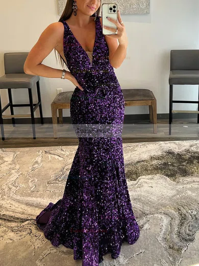 Trumpet/Mermaid V-neck Sequined Sweep Train Prom Dresses #Favs020115998