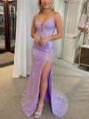 Trumpet/Mermaid V-neck Sequined Sweep Train Prom Dresses With Appliques Lace #Favs020116001