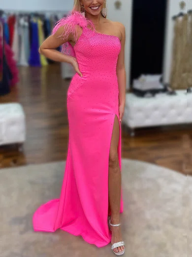 Sheath/Column One Shoulder Stretch Crepe Sweep Train Prom Dresses With Feathers / Fur #Favs020116002