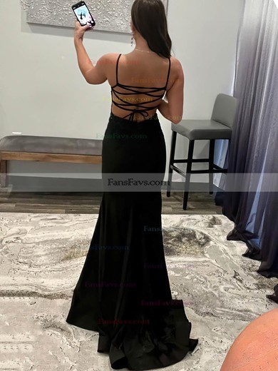 Sheath/Column V-neck Silk-like Satin Sweep Train Prom Dresses With Appliques Lace #Favs020116003