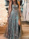 A-line V-neck Lace Sweep Train Prom Dresses With Split Front #Favs020116016