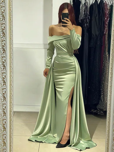 Sheath/Column Off-the-shoulder Satin Watteau Train Prom Dresses With Split Front #Favs020116018