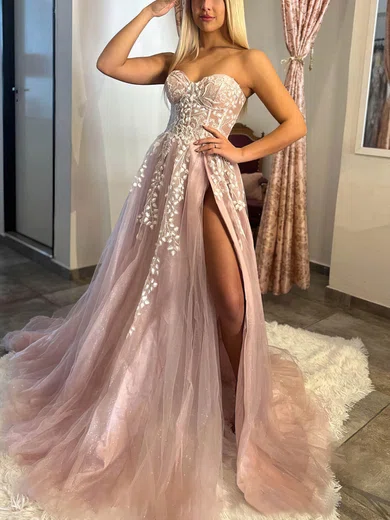 A-line Sweetheart Glitter Sweep Train Prom Dresses With Appliques Lace #Favs020116020