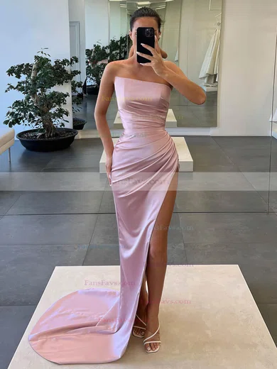 Sheath/Column Strapless Silk-like Satin Sweep Train Prom Dresses With Split Front #Favs020116024