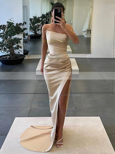 Sheath/Column Strapless Silk-like Satin Sweep Train Prom Dresses With Split Front #Favs020116024