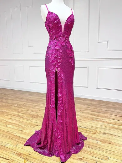 Sheath/Column V-neck Sequined Sweep Train Prom Dresses With Flower(s) #Favs020116029