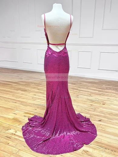 Sheath/Column V-neck Sequined Sweep Train Prom Dresses With Flower(s) #Favs020116029