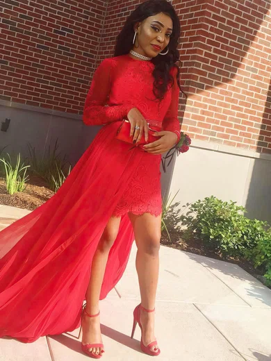 Sheath/Column Scoop Neck Lace Chiffon Tulle Sweep Train Beading Prom Dresses #Favs020105598