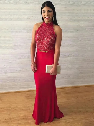 Sheath/Column Halter Jersey Sweep Train Lace Prom Dresses #Favs020104991