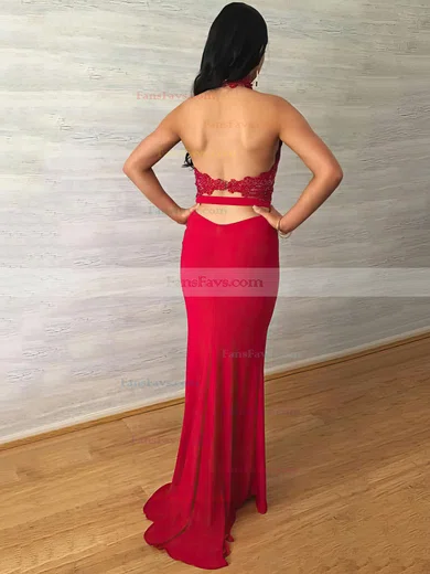 Sheath/Column Halter Jersey Sweep Train Lace Prom Dresses #Favs020104991