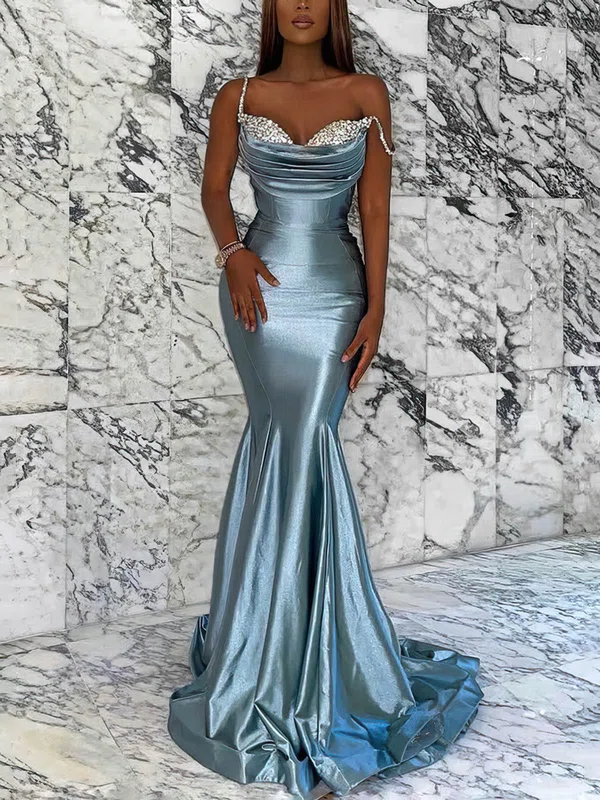 Trumpet/Mermaid V-neck Silk-like Satin Sweep Train Prom Dresses With Beading #Favs020116040