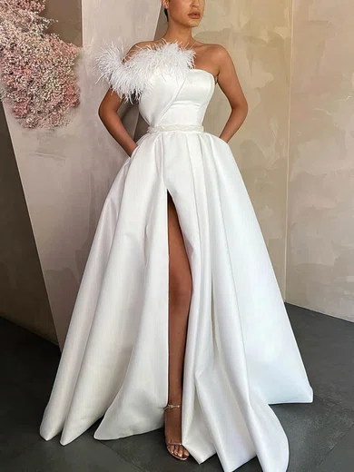 Princess Strapless Satin Sweep Train Prom Dresses With Feathers / Fur #Favs020116042