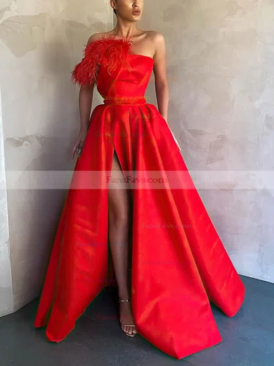 Princess Strapless Satin Sweep Train Prom Dresses With Feathers / Fur #Favs020116042