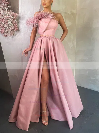 Princess Strapless Satin Sweep Train Prom Dresses With Feathers / Fur #Favs020116042