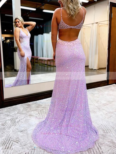 Sheath/Column V-neck Sequined Sweep Train Prom Dresses With Beading #Favs020116044