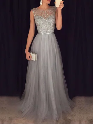 A-line Scoop Neck Tulle Floor-length Beading Prom Dresses #Favs020103502 A-line Scoop Neck Tulle Floor-length Beading Prom Dresses #Favs020103502