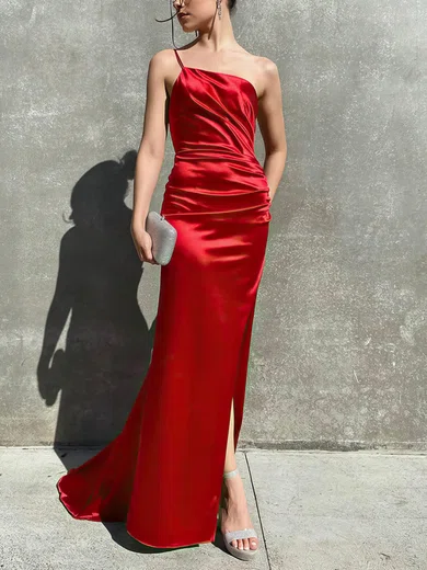 Sheath/Column One Shoulder Silk-like Satin Sweep Train Prom Dresses With Split Front #Favs020116055