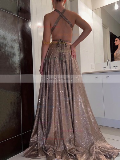 A-line V-neck Shimmer Crepe Sweep Train Prom Dresses With Pockets #Favs020116056