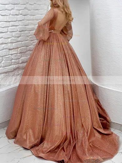 Ball Gown V-neck Glitter Sweep Train Prom Dresses With Sashes / Ribbons #Favs020116058