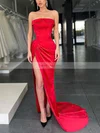 Sheath/Column Strapless Silk-like Satin Sweep Train Prom Dresses With Split Front #Favs020116059