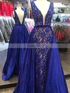 Princess V-neck Lace Satin Sweep Train Sashes / Ribbons Prom Dresses #Favs020105252