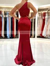 Sheath/Column One Shoulder Silk-like Satin Sweep Train Prom Dresses With Split Front #Favs020116066