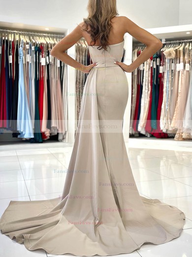Sheath/Column Strapless Silk-like Satin Sweep Train Prom Dresses With Split Front #Favs020116068