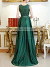 A-line Scoop Neck Lace Satin Asymmetrical Pockets Prom Dresses #Favs020105260