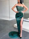 Sheath/Column Strapless Sequined Silk-like Satin Sweep Train Prom Dresses With Split Front #Favs020116075